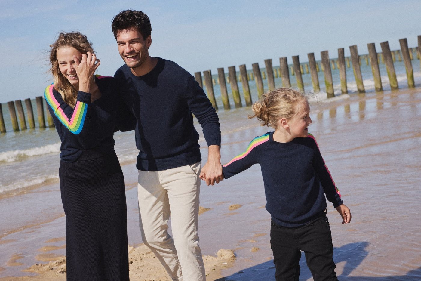 Java Rainbow Stripe Sleeve V-Neck Jumper - Navy Blue