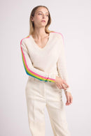 Blanc Jersey Java Rainbow Stripes Cuello en V - Casse - 100% Cachemira Oeko-Tex - Mujer