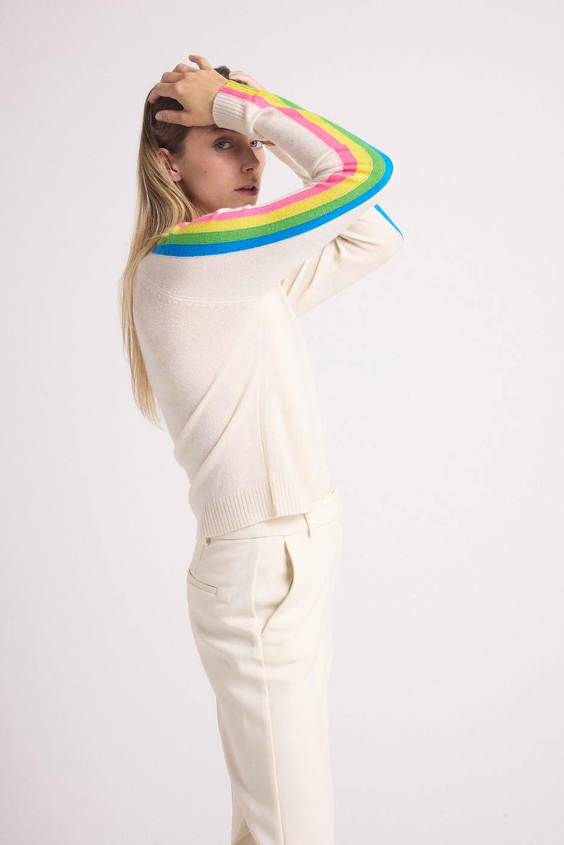 Java Rainbow Stripes V-Neck Sweater - Blanc Casse - 100% Oeko-Tex Cashmere - Woman