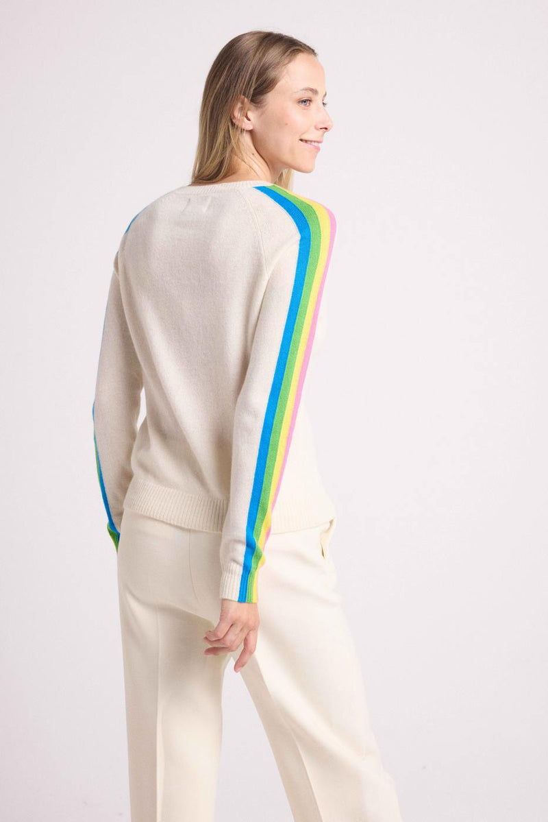 Java Rainbow Stripes V-Neck Sweater - Blanc Casse - 100% Oeko-Tex Cashmere - Woman