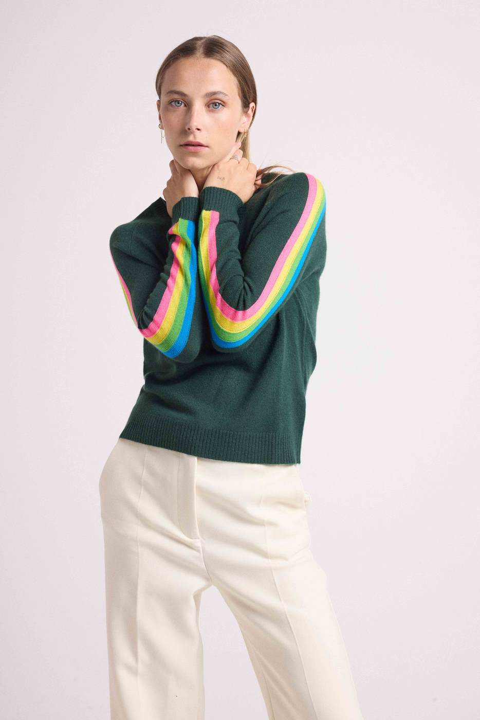 Java Rainbow Stripe Sleeve V-Neck Jumper - Bottle Green