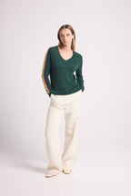 Java Rainbow Stripe Sleeve V-Neck Jumper - Bottle Green