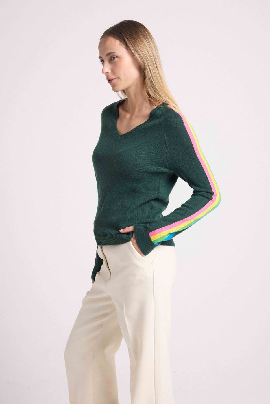 Java Rainbow Stripe Sleeve V-Neck Jumper - Bottle Green