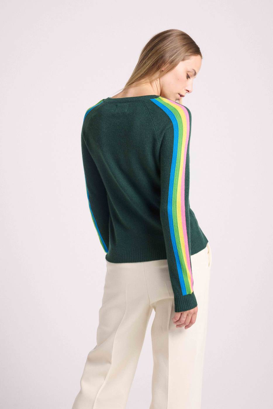 Java Rainbow Stripe Sleeve V-Neck Jumper - Bottle Green