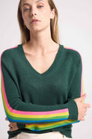 Pull Col V Manches Bandes Arc En Ciel Java - Vert Bouteille - 100% Cachemire Oeko-Tex - Femme