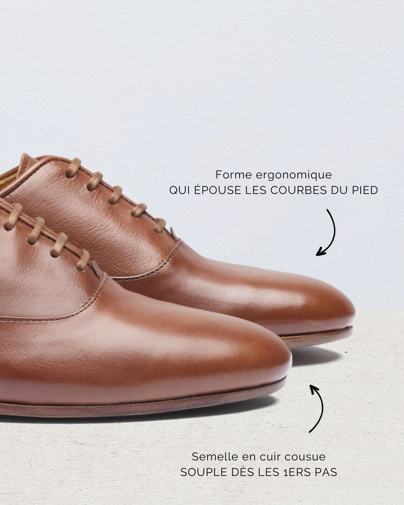 Richelieu - Empeigne Unie Jeanne - Cuir Cognac - Semelle Cuir - Femme