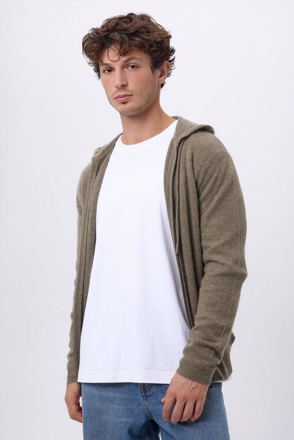 Sudadera Con Cremallera Y Capucha John - Caqui Jaspeado - Hombre - 100% Cachemira