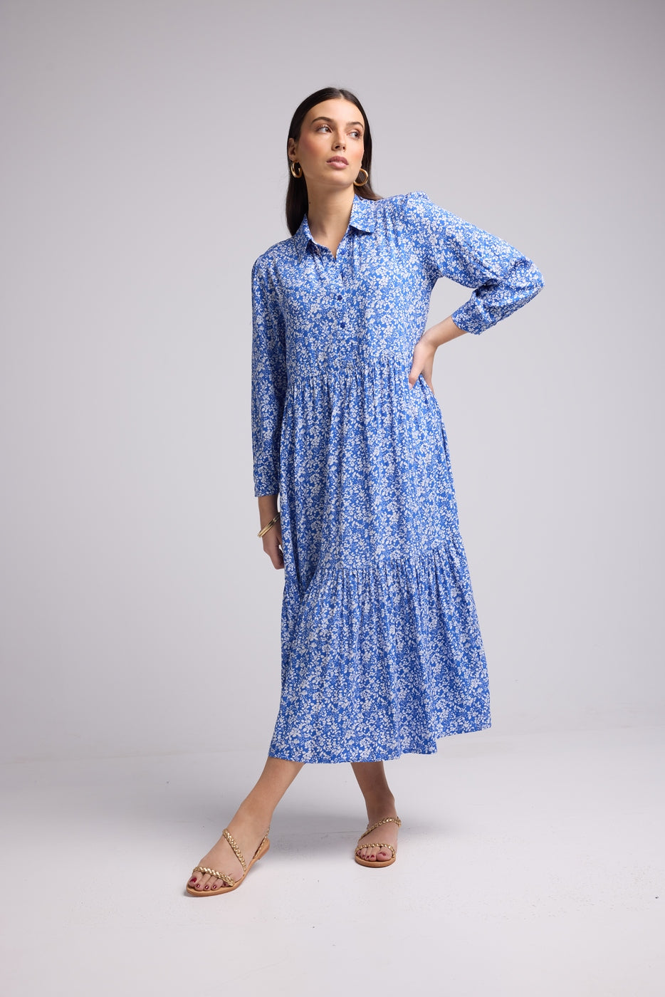 Vestido Largo - Jozy - Azul Flores Blancas