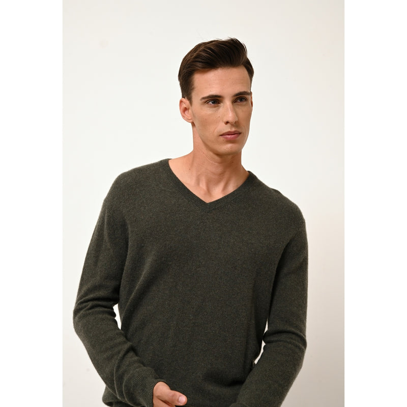 Pull Col V  Walt - 100% Cachemire 2 Fils - Kaki Chiné - Homme