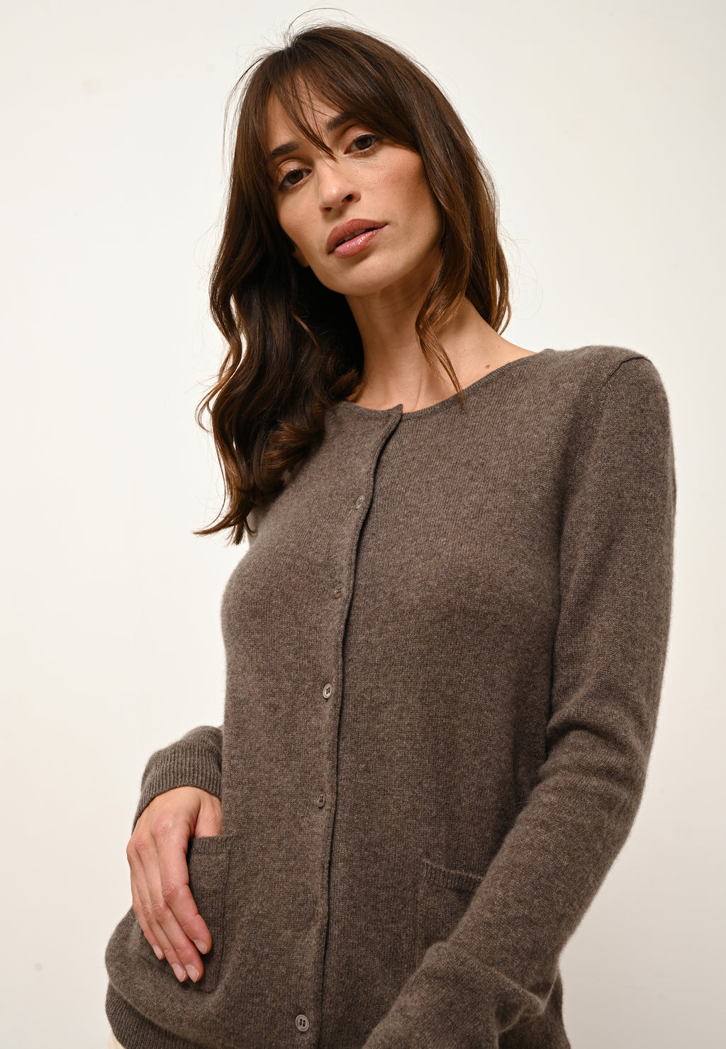 Cárdigan de Cuello Redondo Katharine - 100% Cachemira 2 Cabos - Taupe Chiné - Mujer