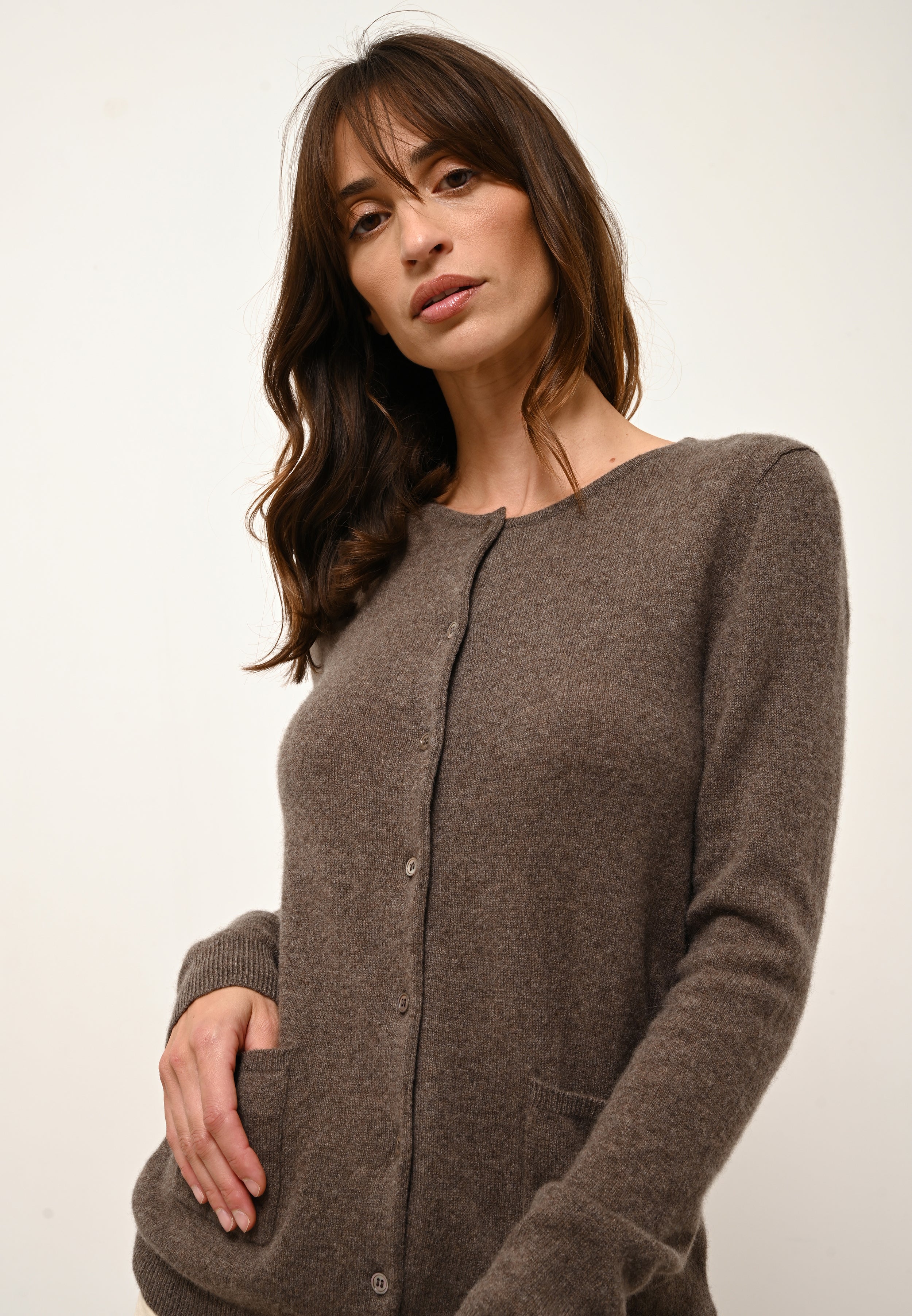 Cárdigan de Cuello Redondo Katharine - 100% Cachemira 2 Cabos - Taupe Chiné - Mujer
