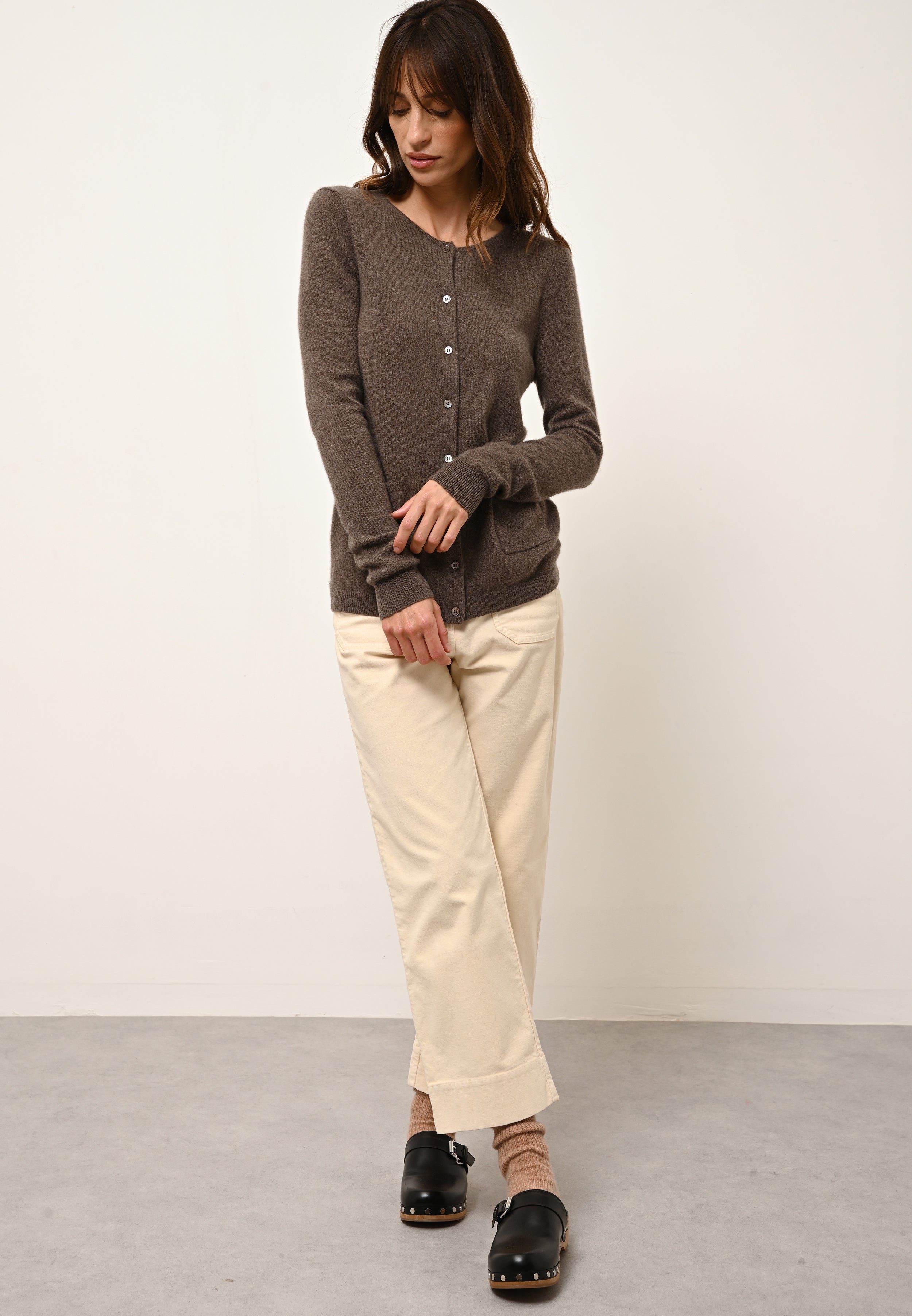 Cárdigan de Cuello Redondo Katharine - 100% Cachemira 2 Cabos - Taupe Chiné - Mujer