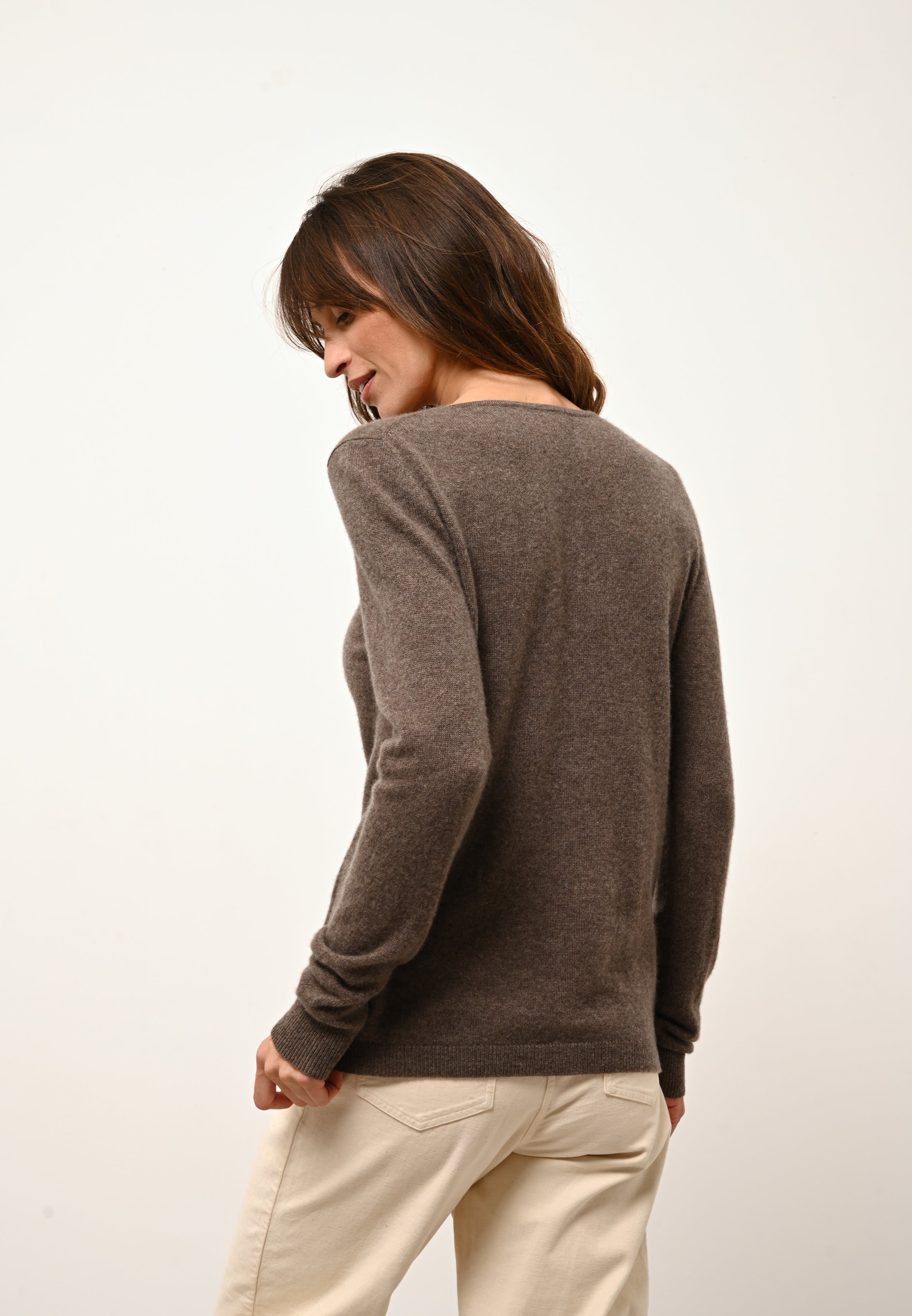 Cárdigan de Cuello Redondo Katharine - 100% Cachemira 2 Cabos - Taupe Chiné - Mujer