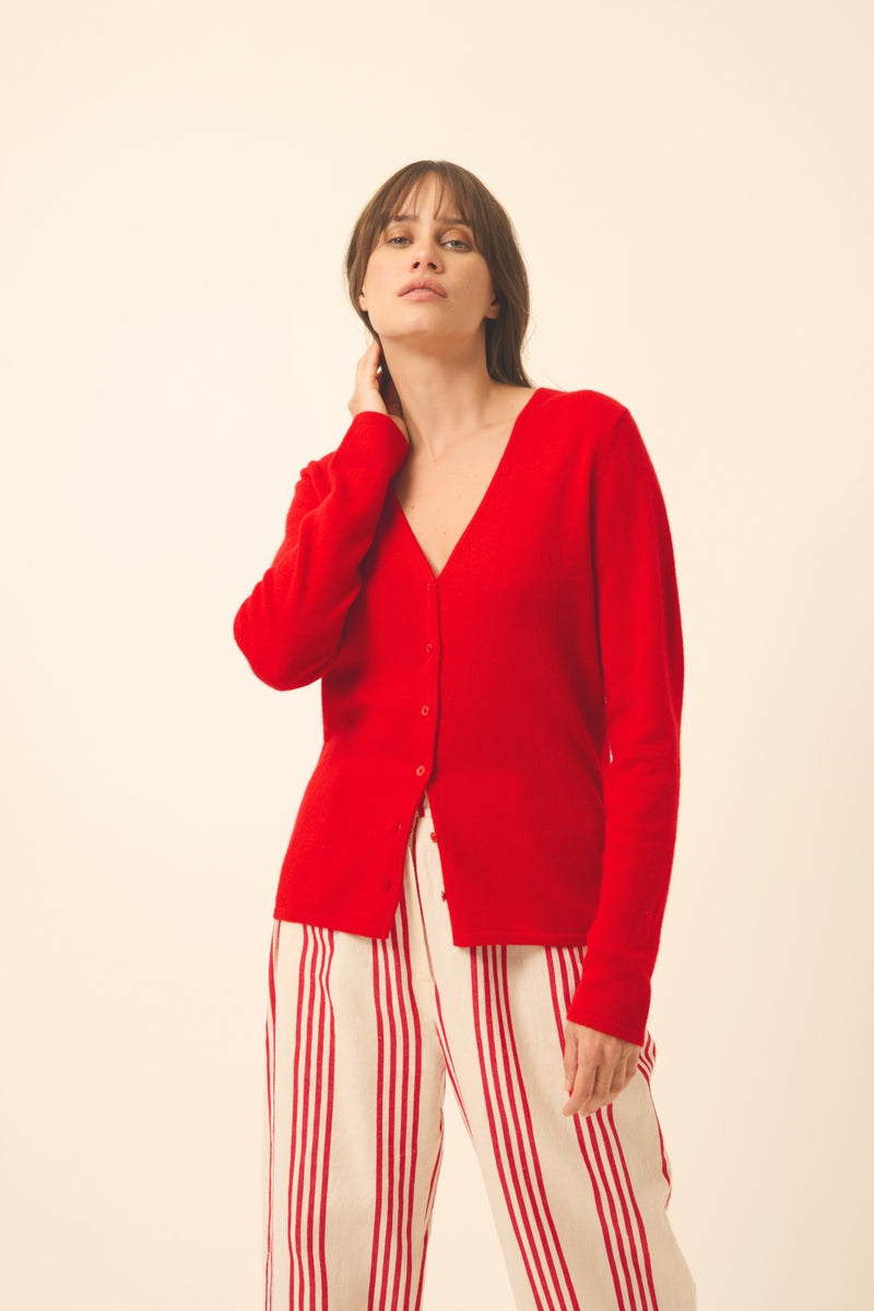 Cardigan Col V Norma - 100% Cachemire 2 Fils - Rouge - Femme