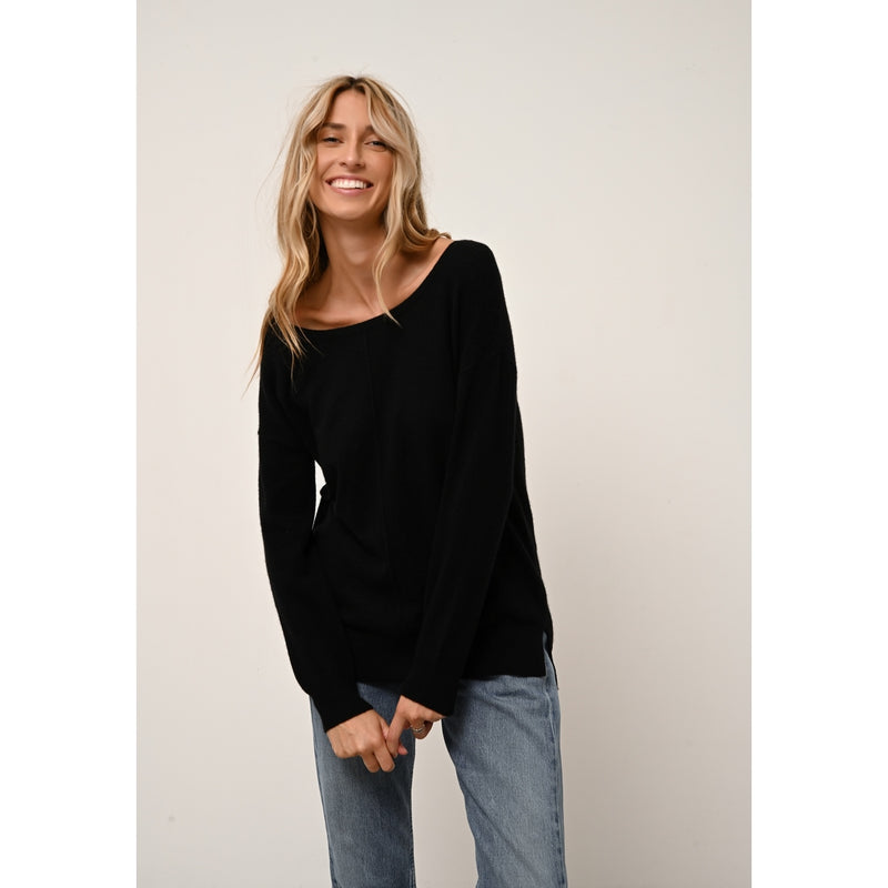 Just Cashmere - Pull Col Bateau Goutte Dos Abigail Noir - 100% Cachemire - 2 Fils - Jersey - Femme