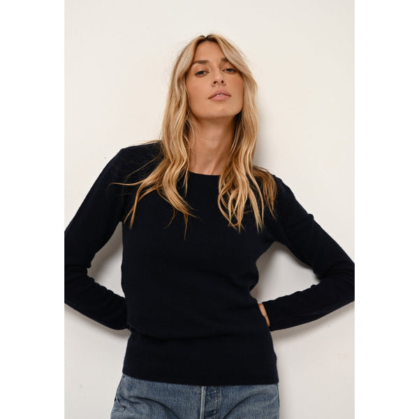 Just Cashmere - Jersey Vivian con cuello redondo - 100% cachemir de 2 capas - Azul marino - Mujer