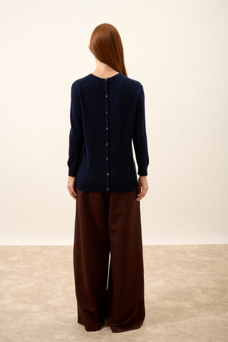 Pull Col Rond Boutonné Dos - Janice - Navy
