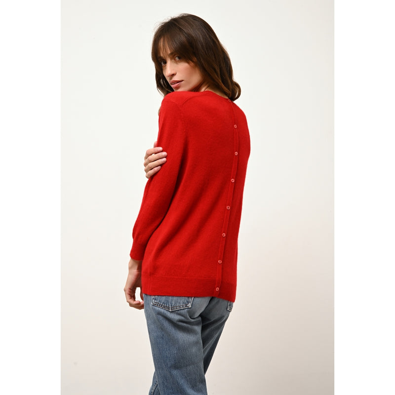 Just Cashmere - Pull Col Rond Boutonné Dos Janice Rouge - 100% Cachemire - 2 Fils - Jersey - Femme