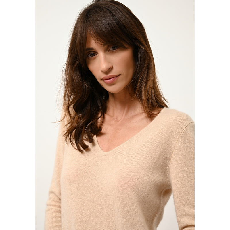 Pull Col V  Joan - 100% Cachemire 2 Fils - Sable - Femme