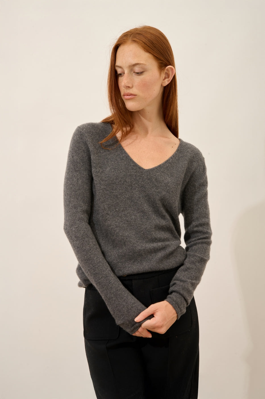 Jersey de Cuello en V - Joan - Antracita Jaspeado