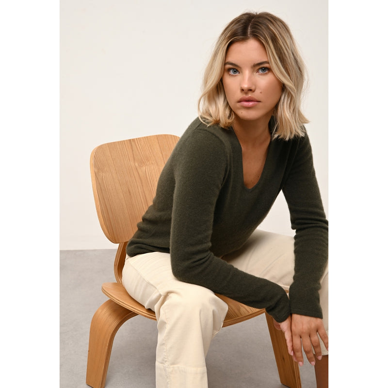 Cashmere  sudadera Just - Joan Khaki Jersey Cuello en V - 100% Cachemira - 2 Hilados - - Damas