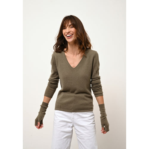 Just Cashmere - Pull Col V Joan Army - 100% Cachemire - 2 Fils - Jersey - Femme