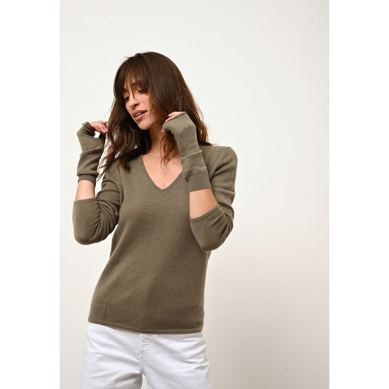 Just Cashmere - Pull Col V Joan Army - 100% Cachemire - 2 Fils - Jersey - Femme