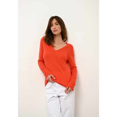 Cashmere  sudadera Just - Joan Suéter Naranja Cuello en V - 100% Cachemira - 2 Hilados - - Mujer