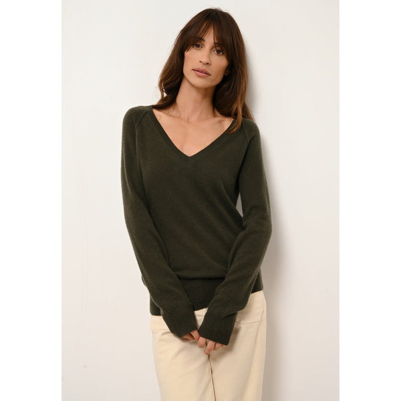 Pull Col V  Phoebe - 100% Cachemire 2 Fils - Kaki - Femme