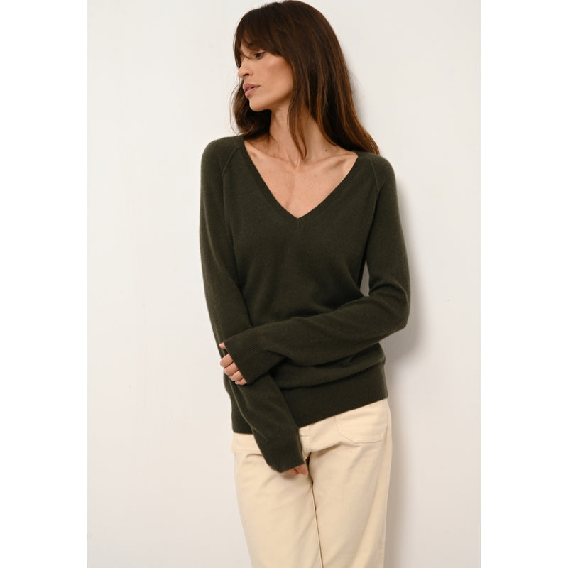 Pull Col V  Phoebe - 100% Cachemire 2 Fils - Kaki - Femme