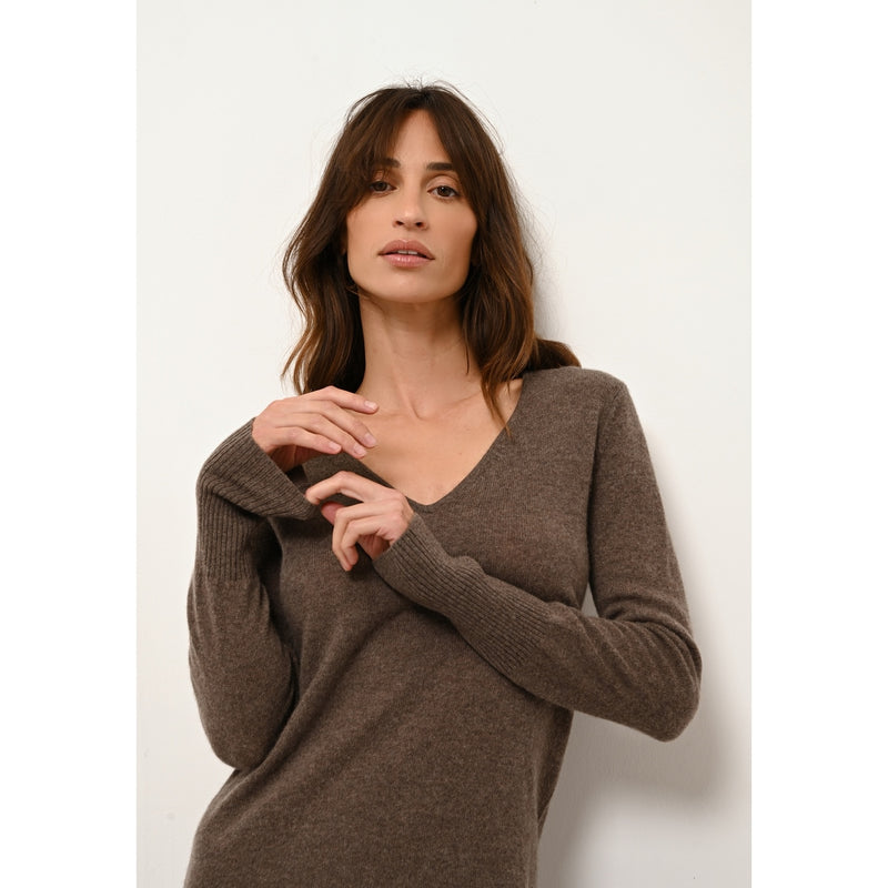 Cashmere Just - Vestido Tracy Cuello en V - Taupe ChinÉ - 100% Cachemir 2 Hilos - Mujer