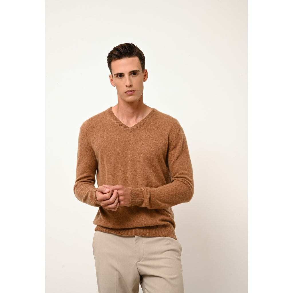 Jersey de Cuello en V Walt - 100% Cachemira 2 Cabos - Avellana - Hombre
