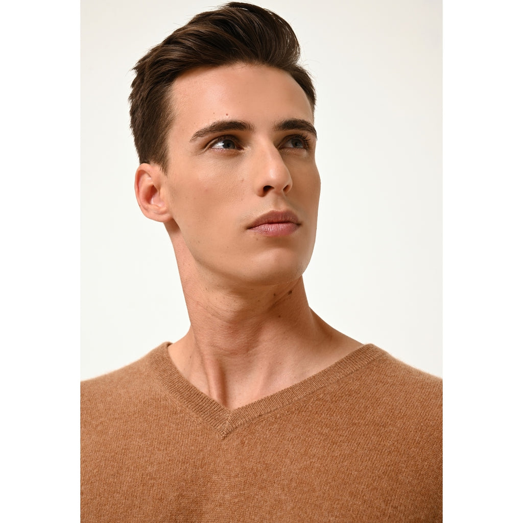 Jersey de Cuello en V Walt - 100% Cachemira 2 Cabos - Avellana - Hombre