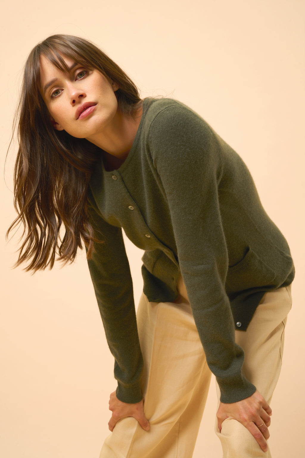 Crew-Neck Cardigan - Katharine - Khaki
