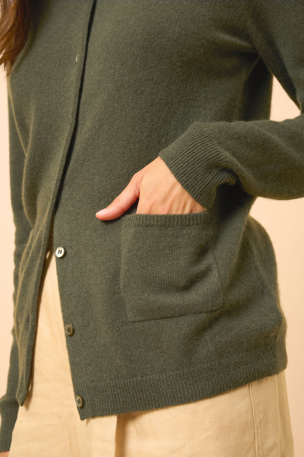 Crew-Neck Cardigan - Katharine - Khaki