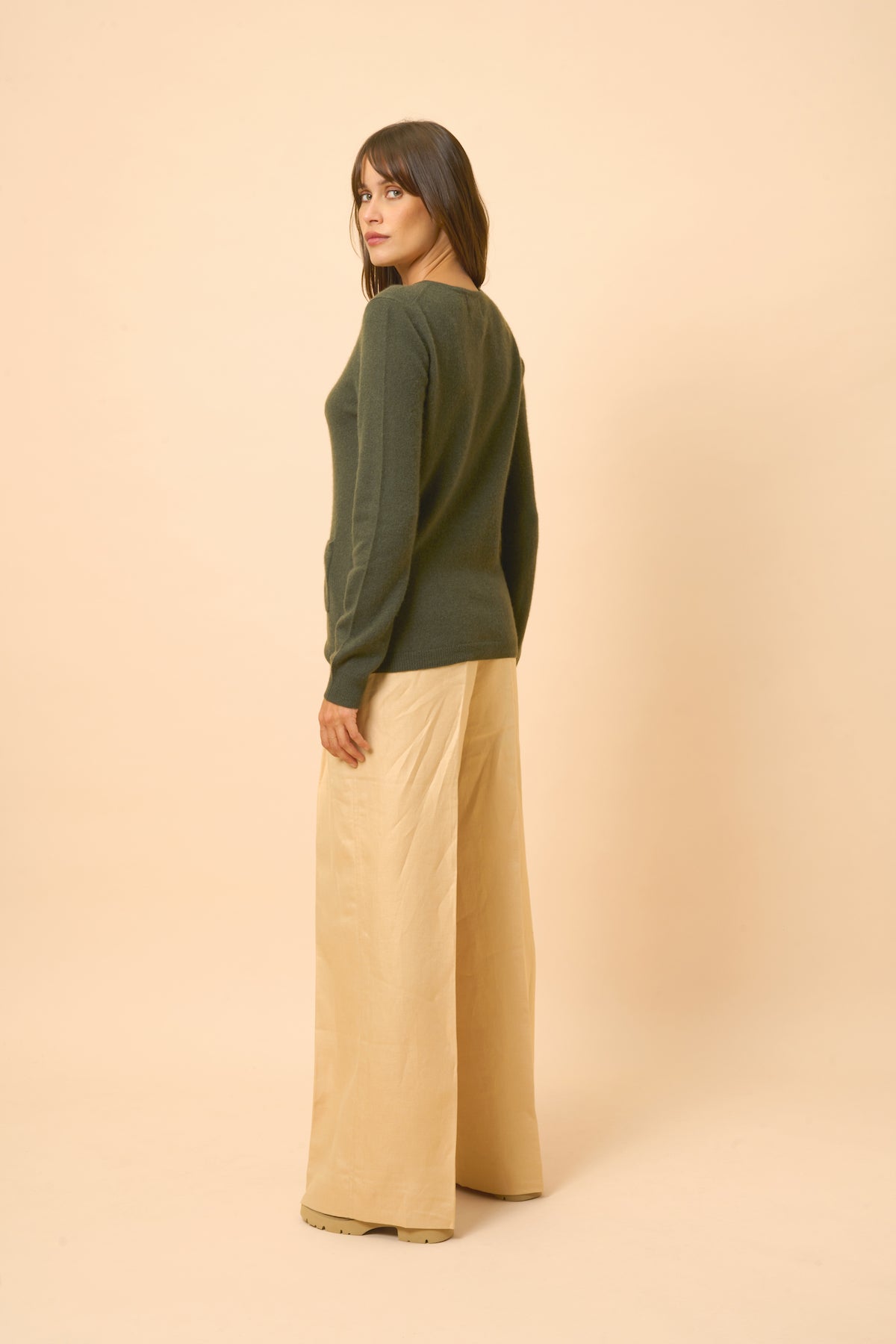 Crew-Neck Cardigan - Katharine - Khaki