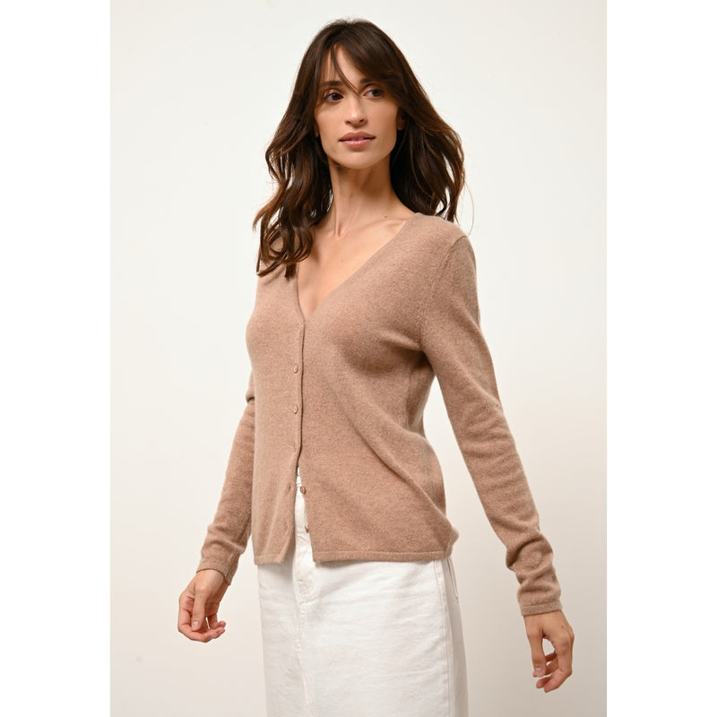 Cashmere  sudadera Just - Cardigan Cuello en V Norma Camel Chiné - 100% Cachemira - 2 Hilados - - Mujer