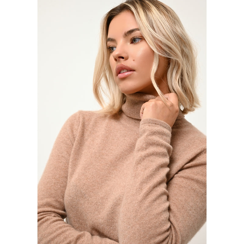 Cashmere  sudadera Just - Jersey de cuello alto Ava Camel Chiné - 100% Cachemira - 2 Hilados - - Mujer