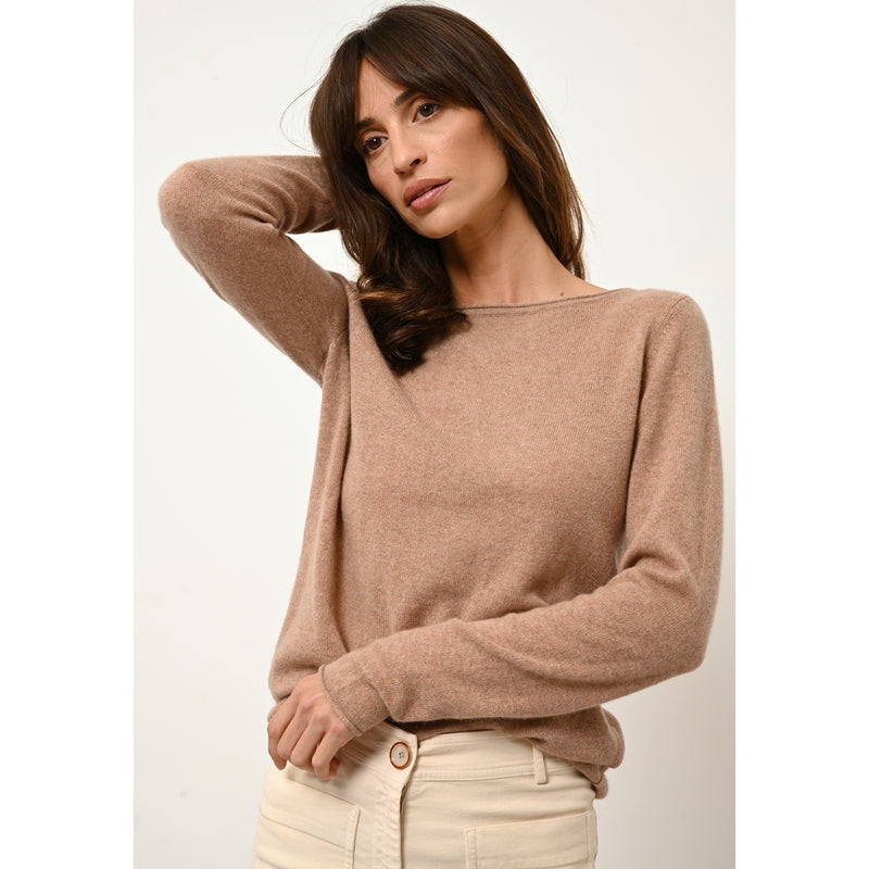 Cashmere  sudadera Just - Grace Jersey Chiné Camel Cuello Barco - 100% Cachemira - 2 Hilados - - Mujer