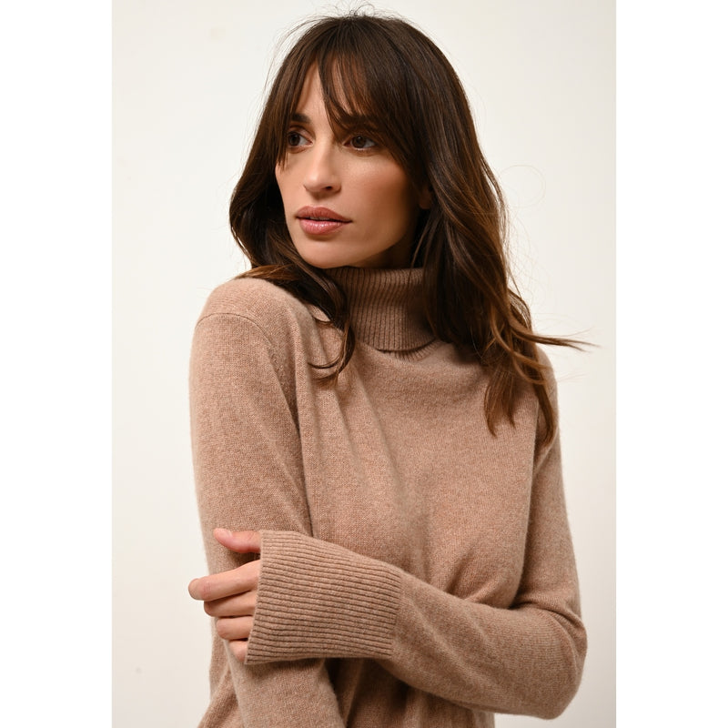 Cashmere  sudadera Just - Lexie Jersey de cuello alto en chiné camel - 100% Cachemira - 2 Hilados - - Mujer