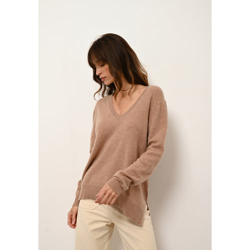 Pull Col V Devant Et Dos Opal - 100% Cachemire 2 Fils - Camel Chiné - Femme