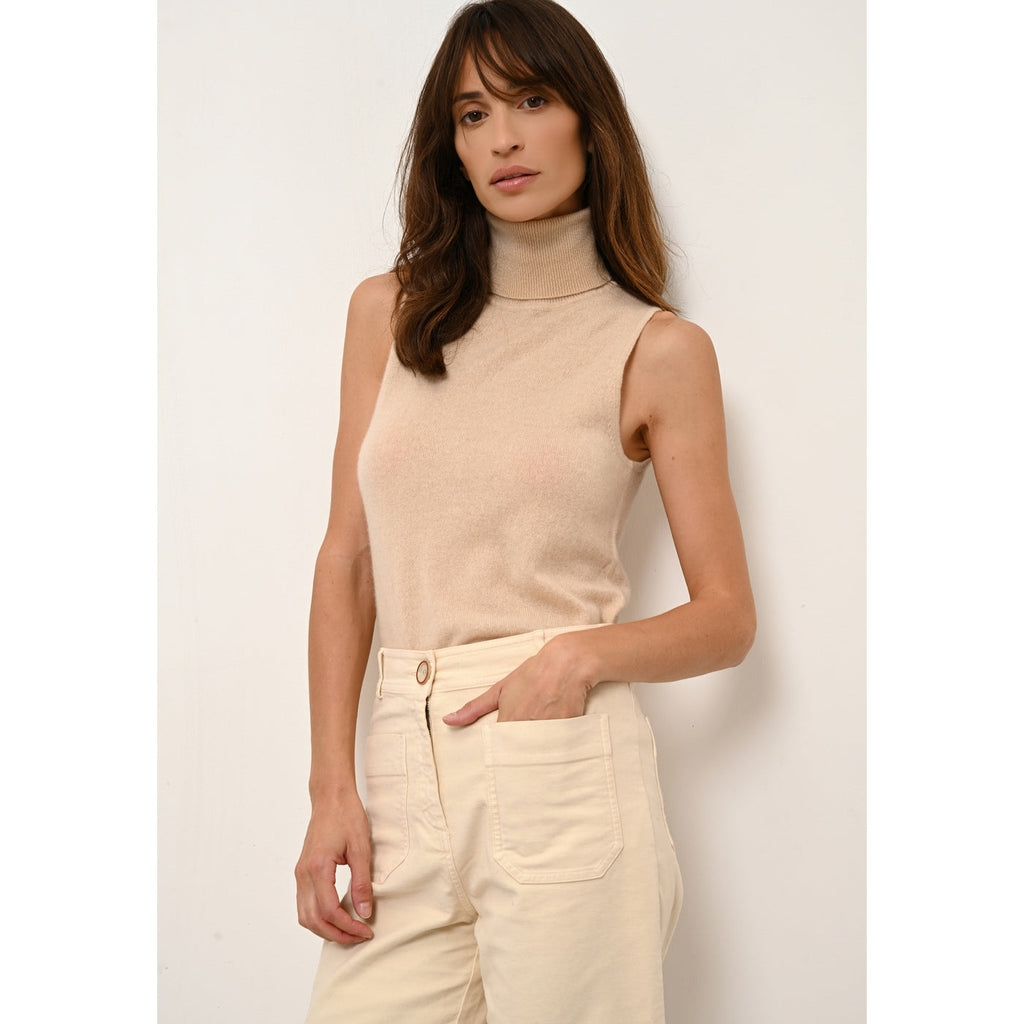 Just Cashmere - Pull Col Roulé Sans Manches - Violet - Sable