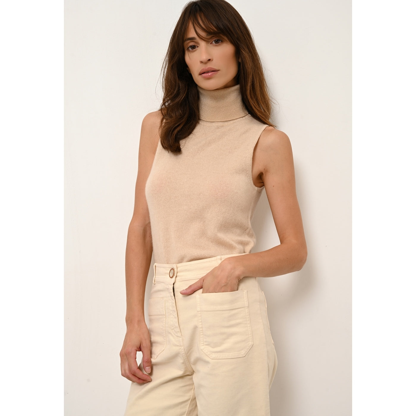 Just Cashmere - Pull Col Roulé Sans Manches - Violet - Sable