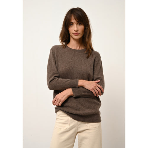 Just Cashmere - Pull Col Rond Boutonné Dos Janice Taupe Chiné - 100% Cachemire - 2 Fils - Jersey - Femme