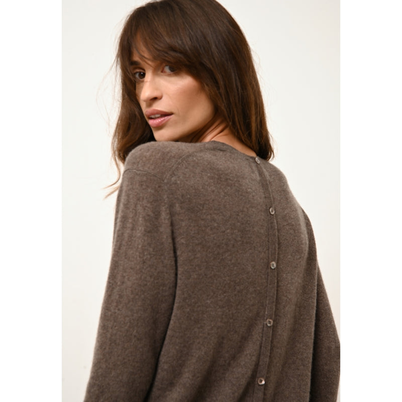 Just Cashmere - Pull Col Rond Boutonné Dos Janice Taupe Chiné - 100% Cachemire - 2 Fils - Jersey - Femme