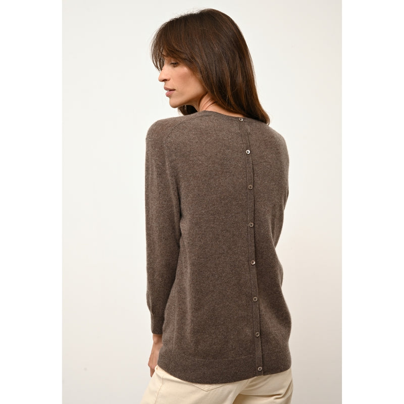 Cashmere  sudadera Just - Janice Taupe Chiné Buttoned Crew Neck Sweater - 100% Cachemira - 2 Hilados - - Damas