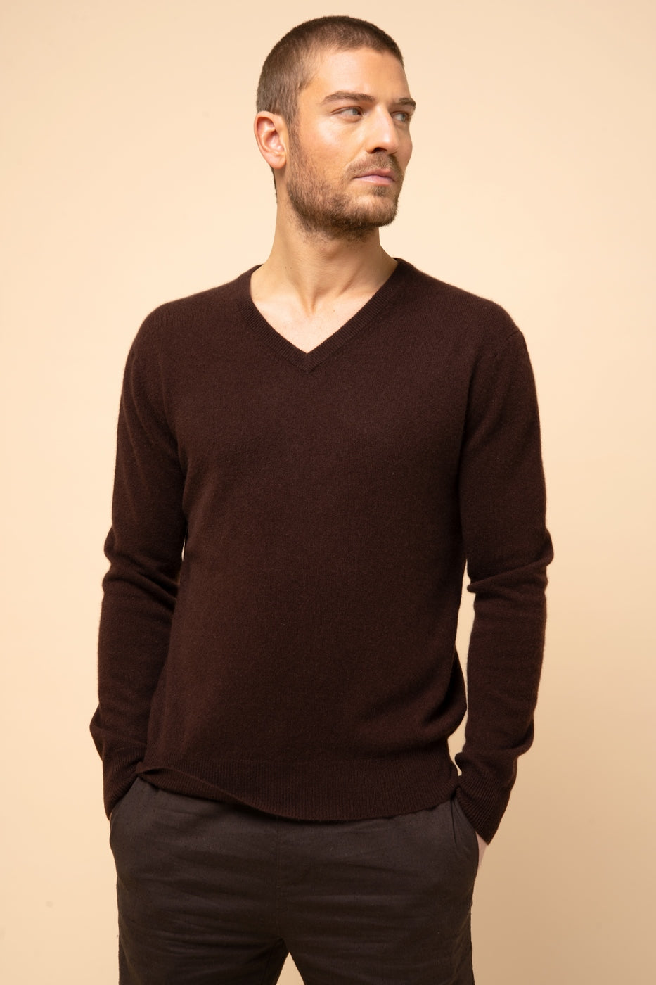 Jersey cuello de pico - Walt - 100 % cachemira, 2 hilos - Choco - Hombre