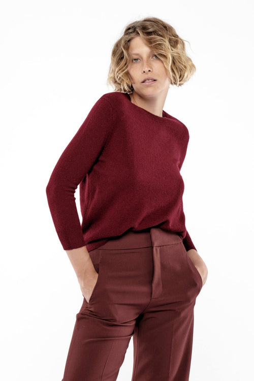 Pull Col Rond Boutonné Dos Janice - 100% Cachemire 2 Fils - Bordeaux - Femme