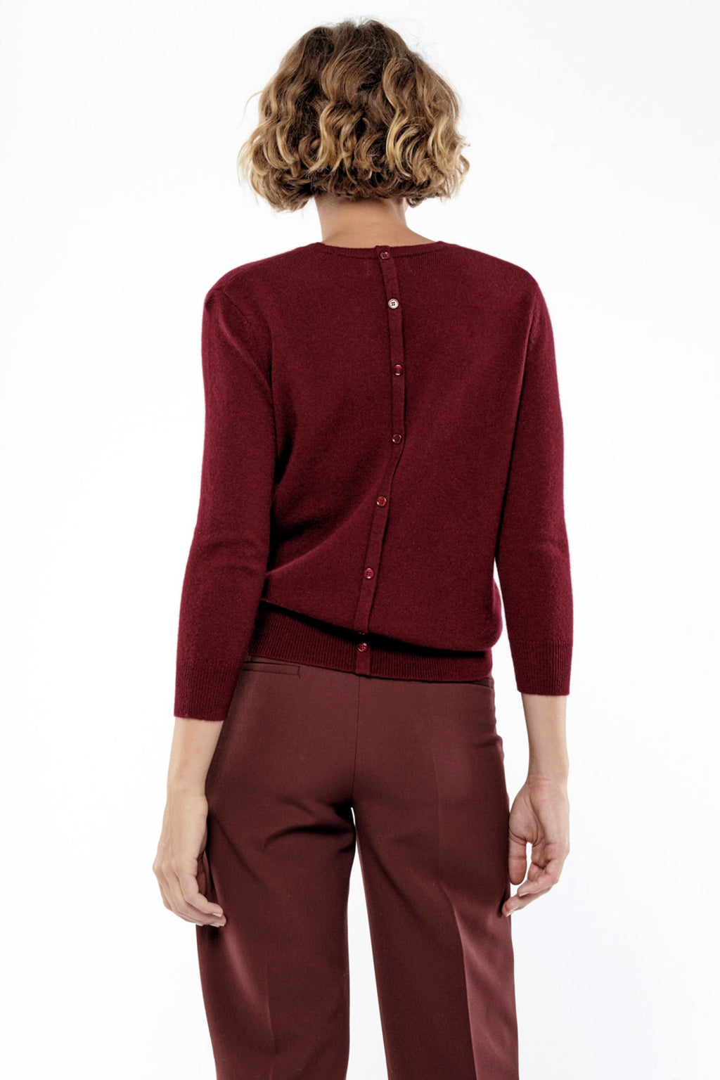 Pull Col Rond Boutonné Dos Janice - 100% Cachemire 2 Fils - Bordeaux - Femme