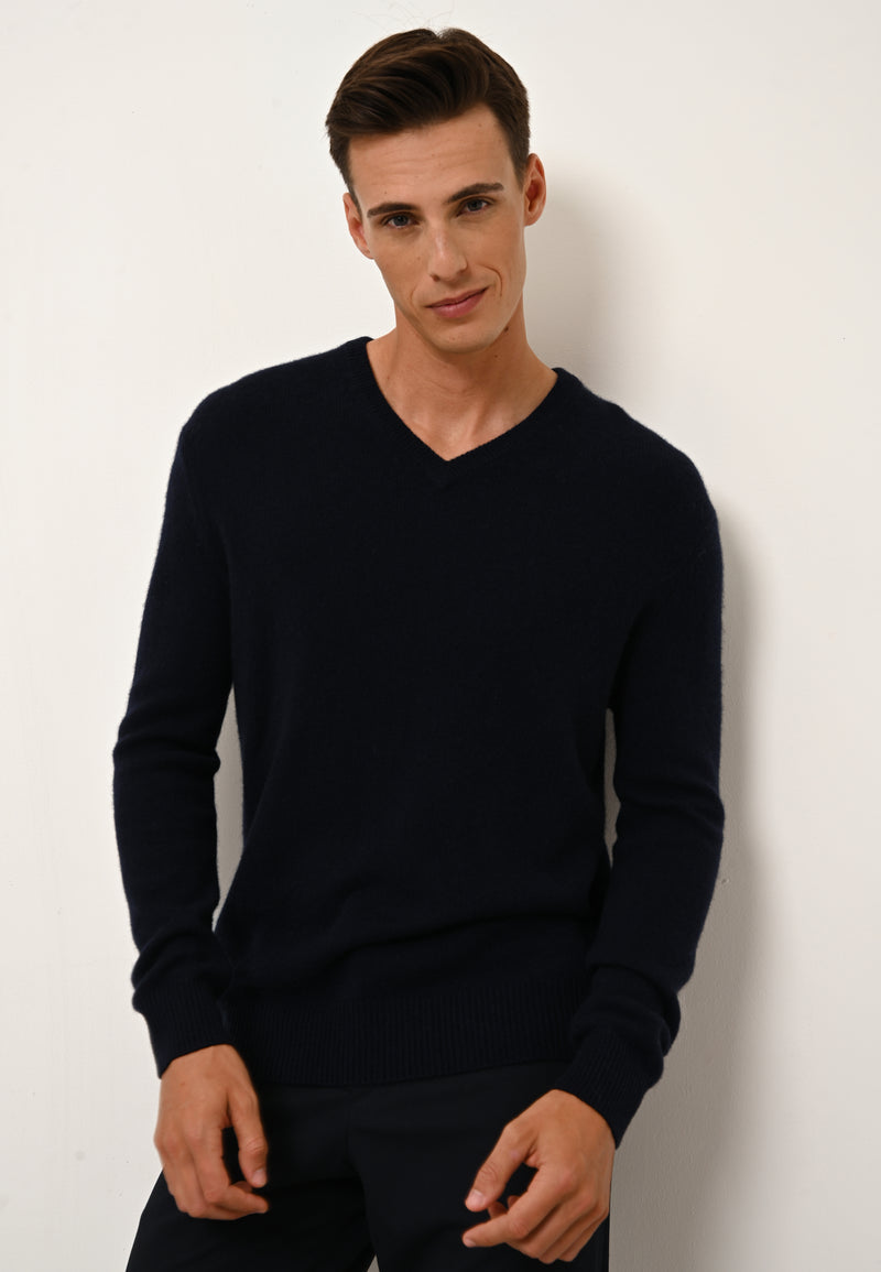 Pull Col V 4 Fils Nathan  - 100% Cachemire 4 Fils - Navy - Homme